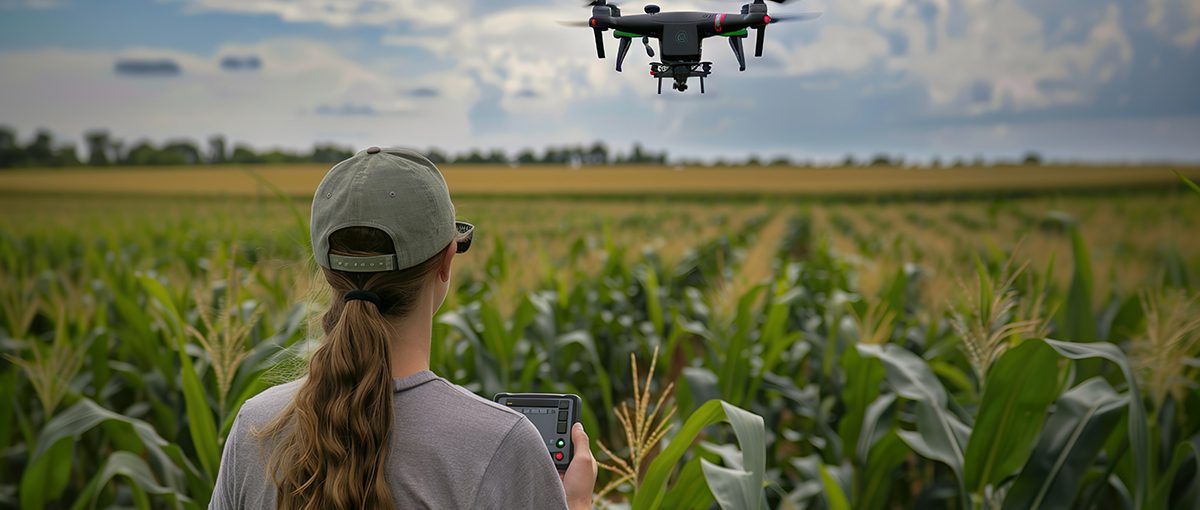 A woman with a remote control operating a drone in the maize fie